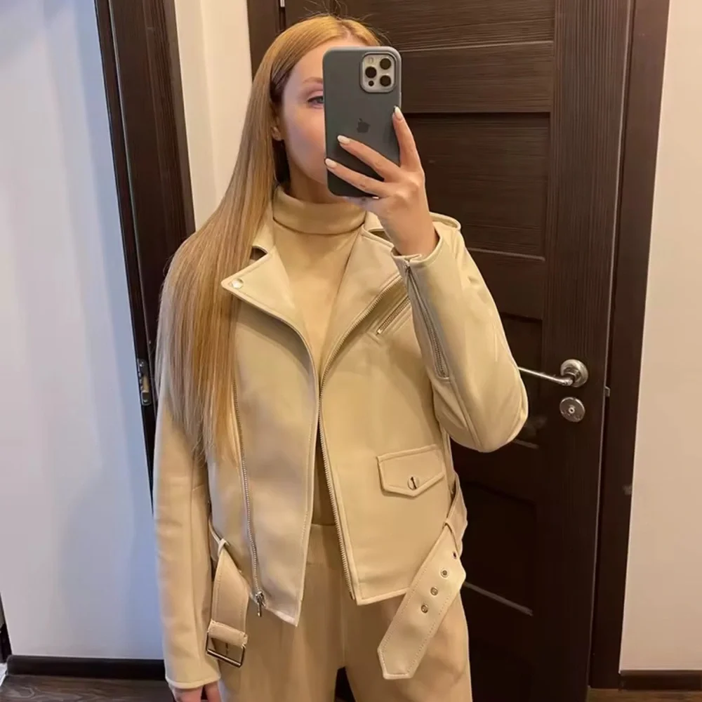 White PU Leather Short Jacket with Belt - Picture 2 of 6